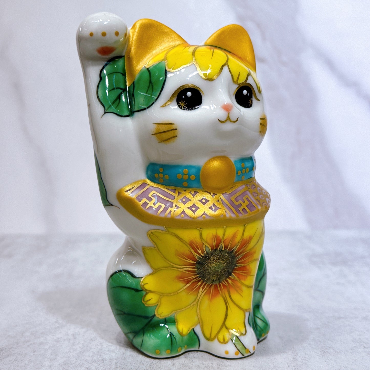 日本清水燒招財貓 色繪 向日葵