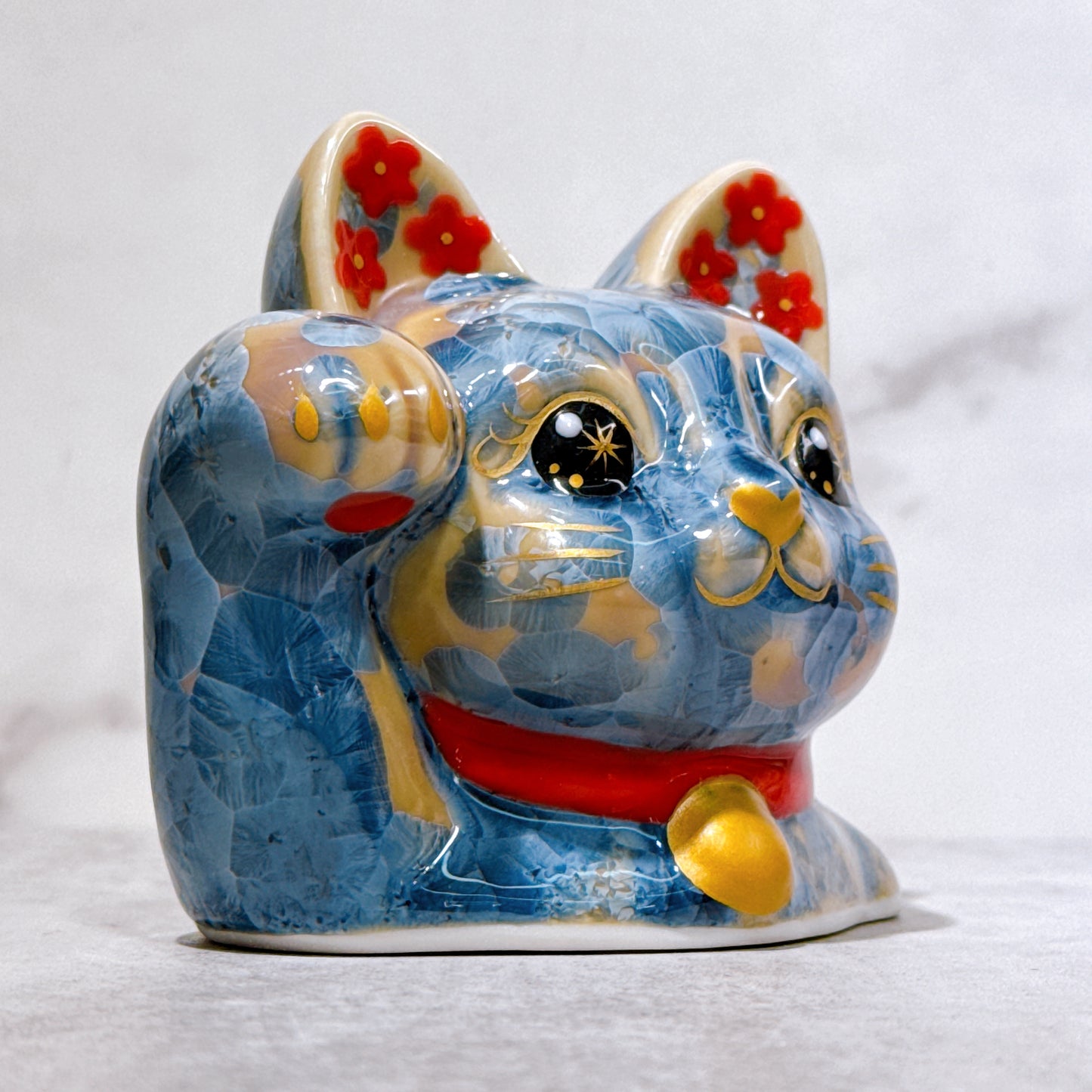 日本清水燒招財貓 貓半身 花結晶 灰青