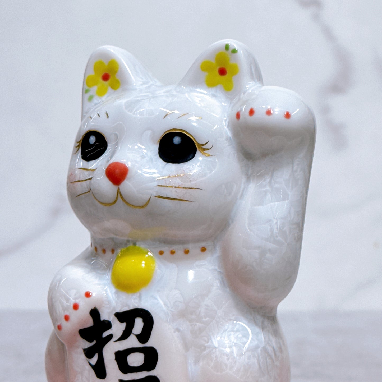日本清水燒招財貓 花結晶 桃白 左 特小