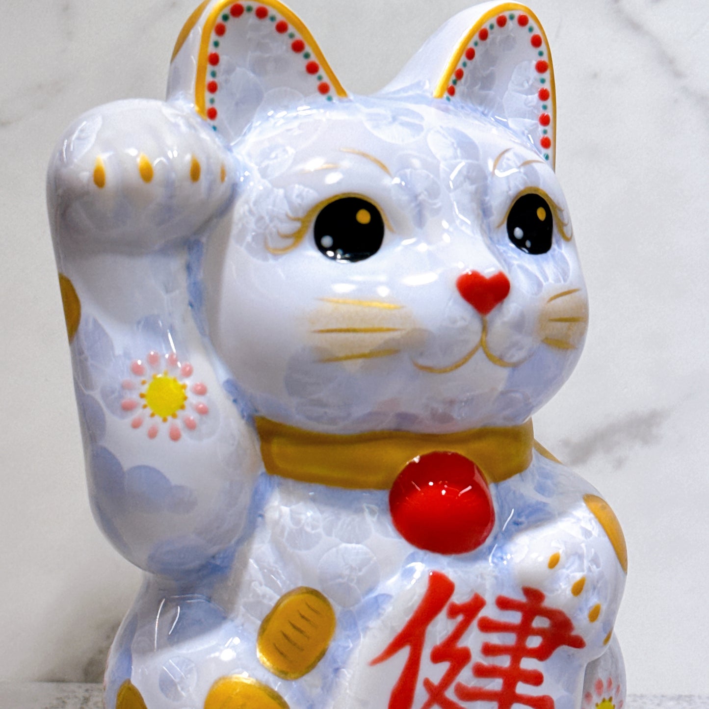 日本清水燒招財貓 花結晶 藤 健康 体花 特大 右