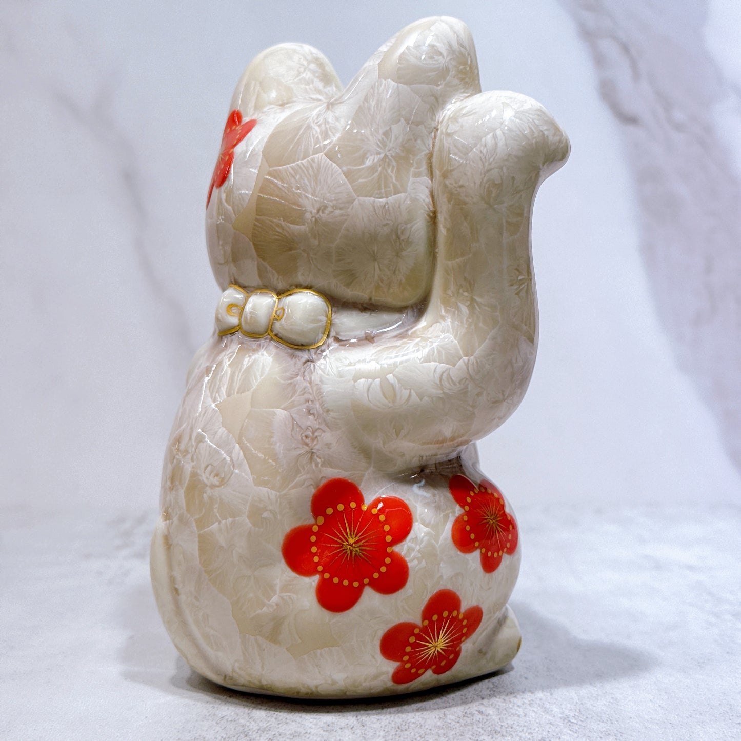 日本清水燒招財貓 花結晶 杏 体花 招福  右