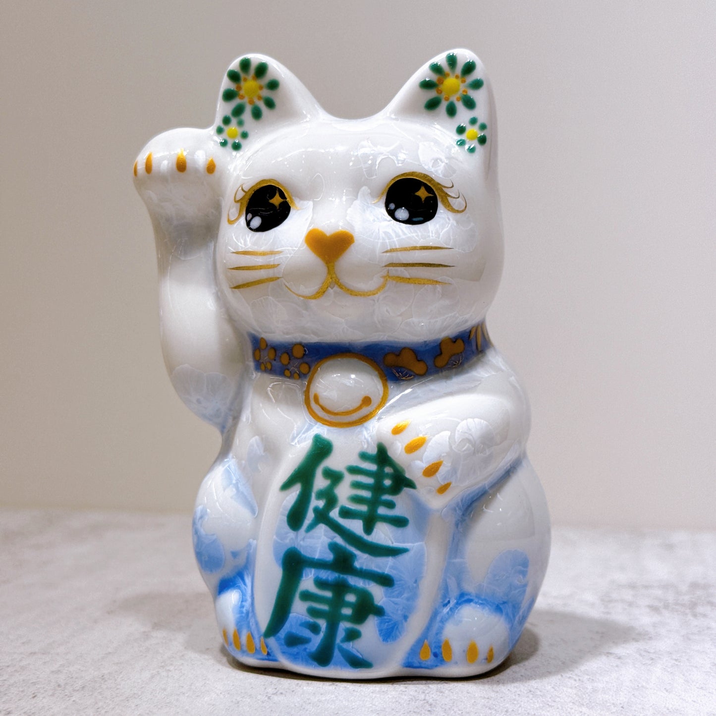 日本清水燒招財貓 花結晶 青白 健康 右 特小