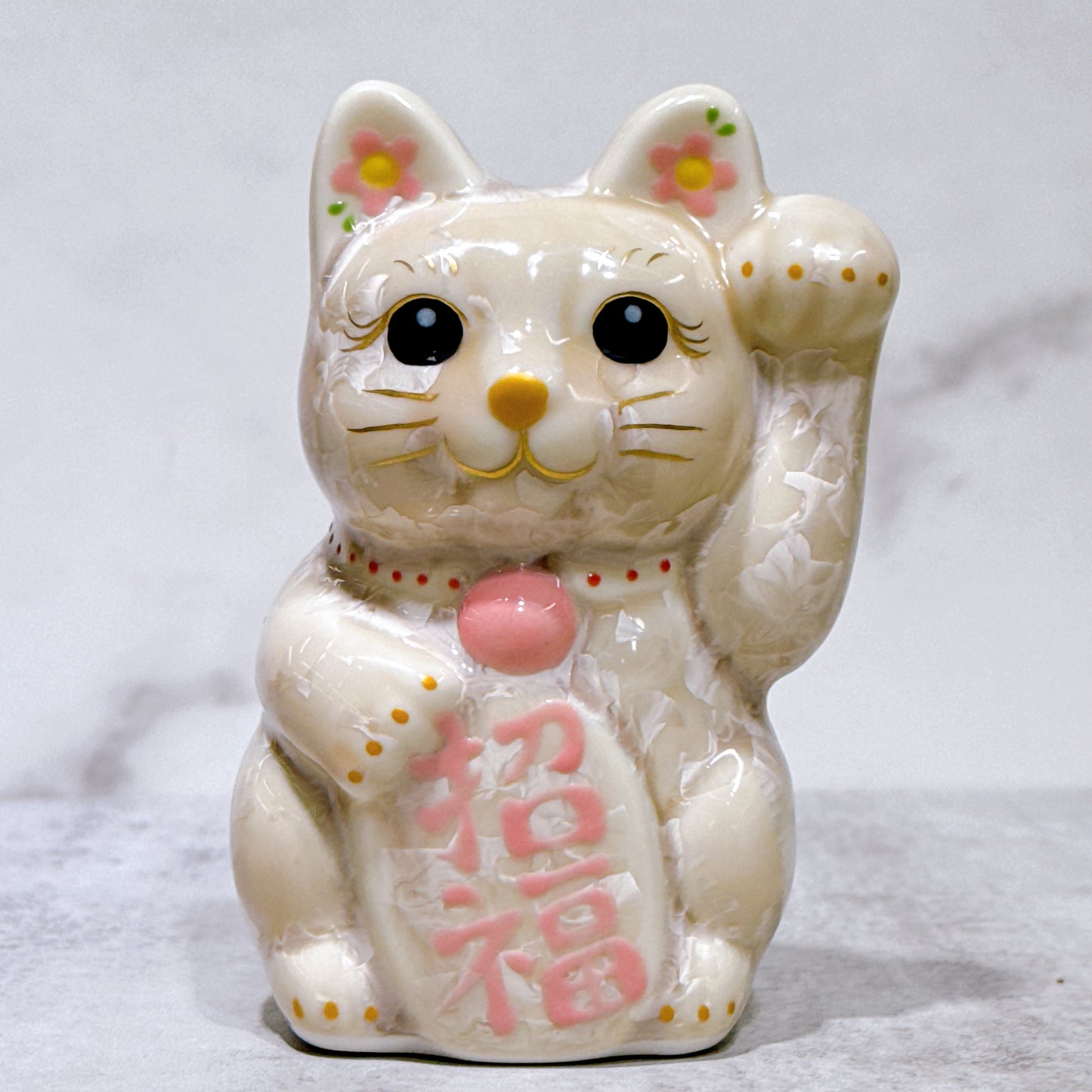 日本清水燒招財貓 花結晶 杏 左 特小