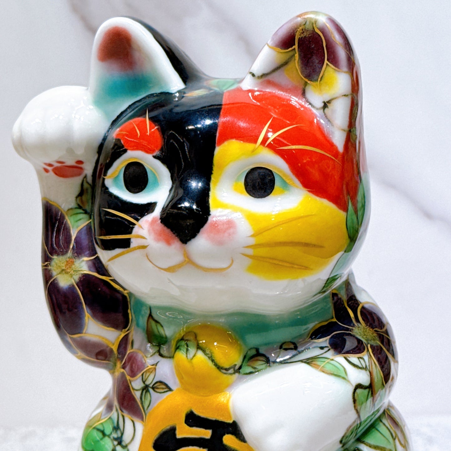 日本清水燒招財貓 色繪 鐵線