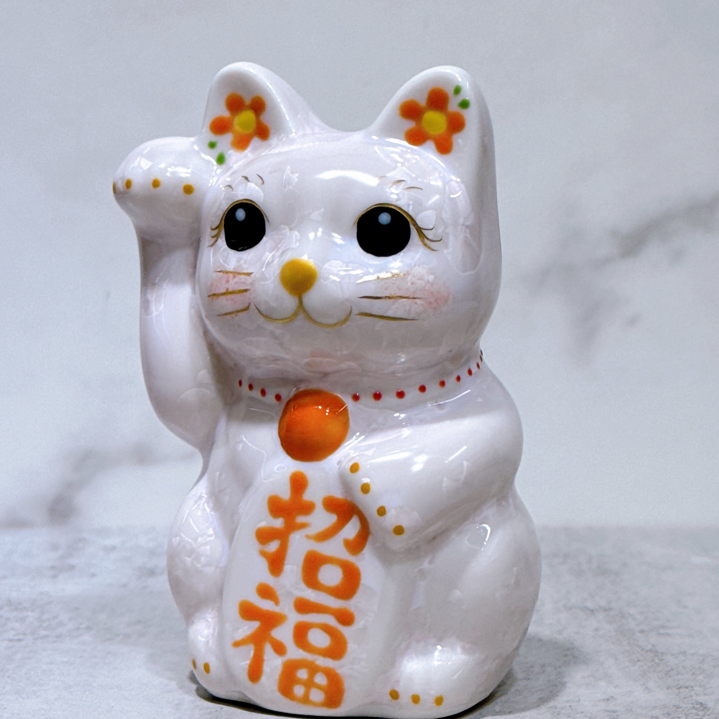 日本清水燒招財貓 花結晶 桃 右 特小