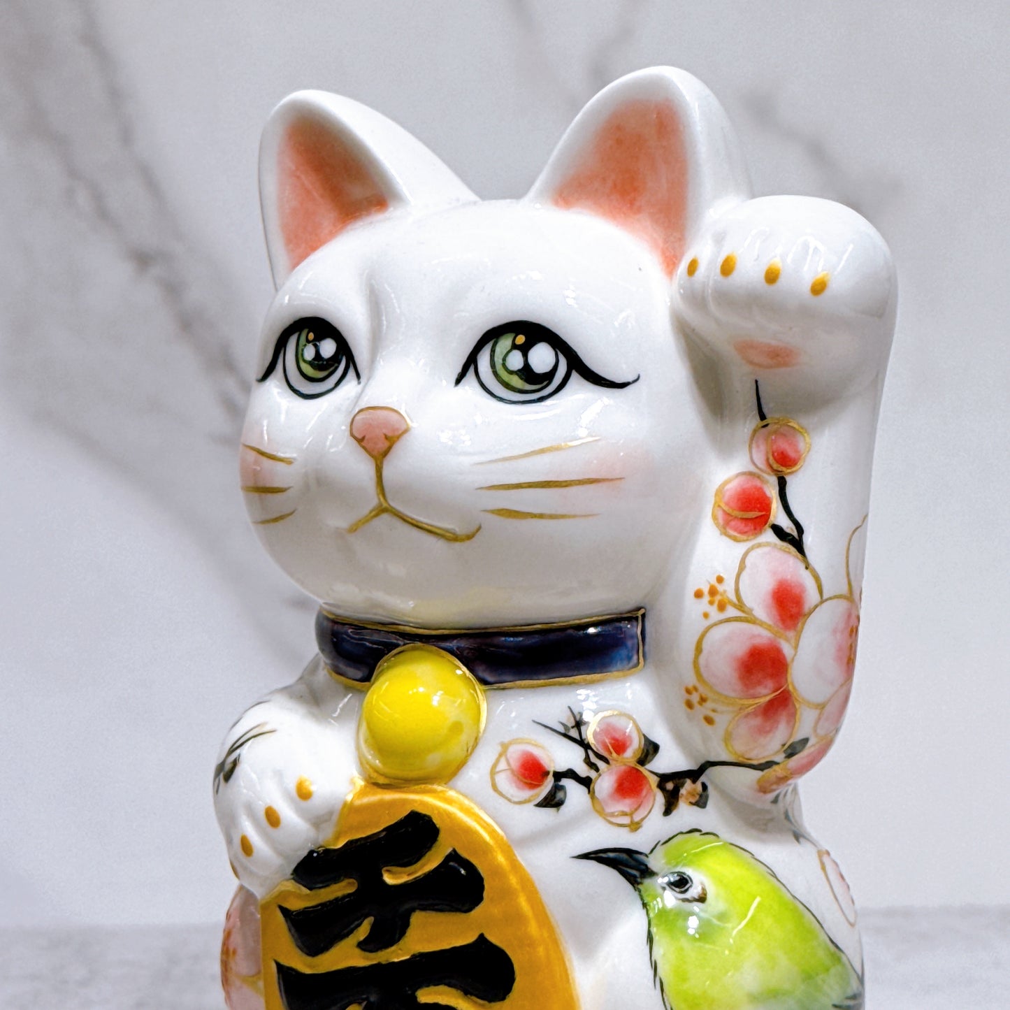 日本清水燒招財貓 色繪 梅花草鳥