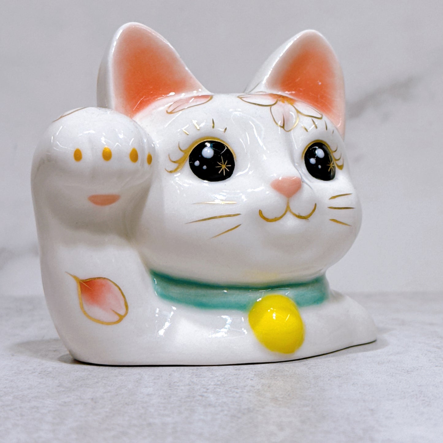 日本清水烧招财猫 色绘 猫半身 彩樱绿