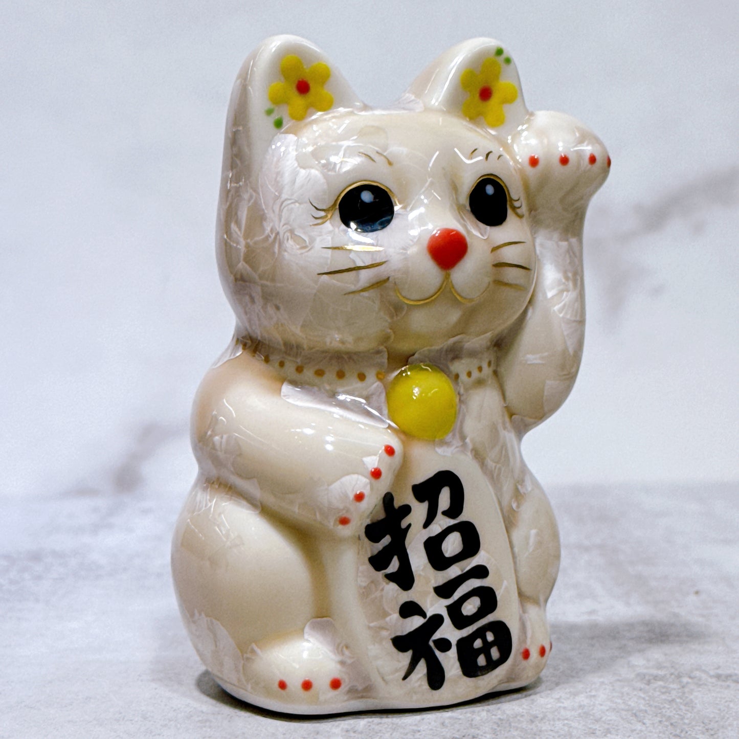 日本清水燒招財貓 花結晶 杏 左 特小