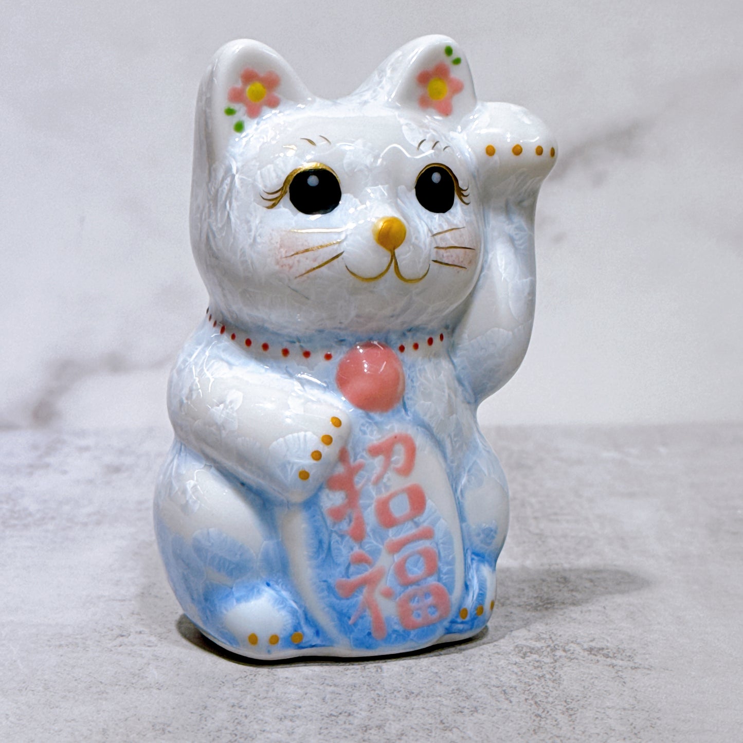 日本清水燒招財貓 花結晶 青白 左 特小