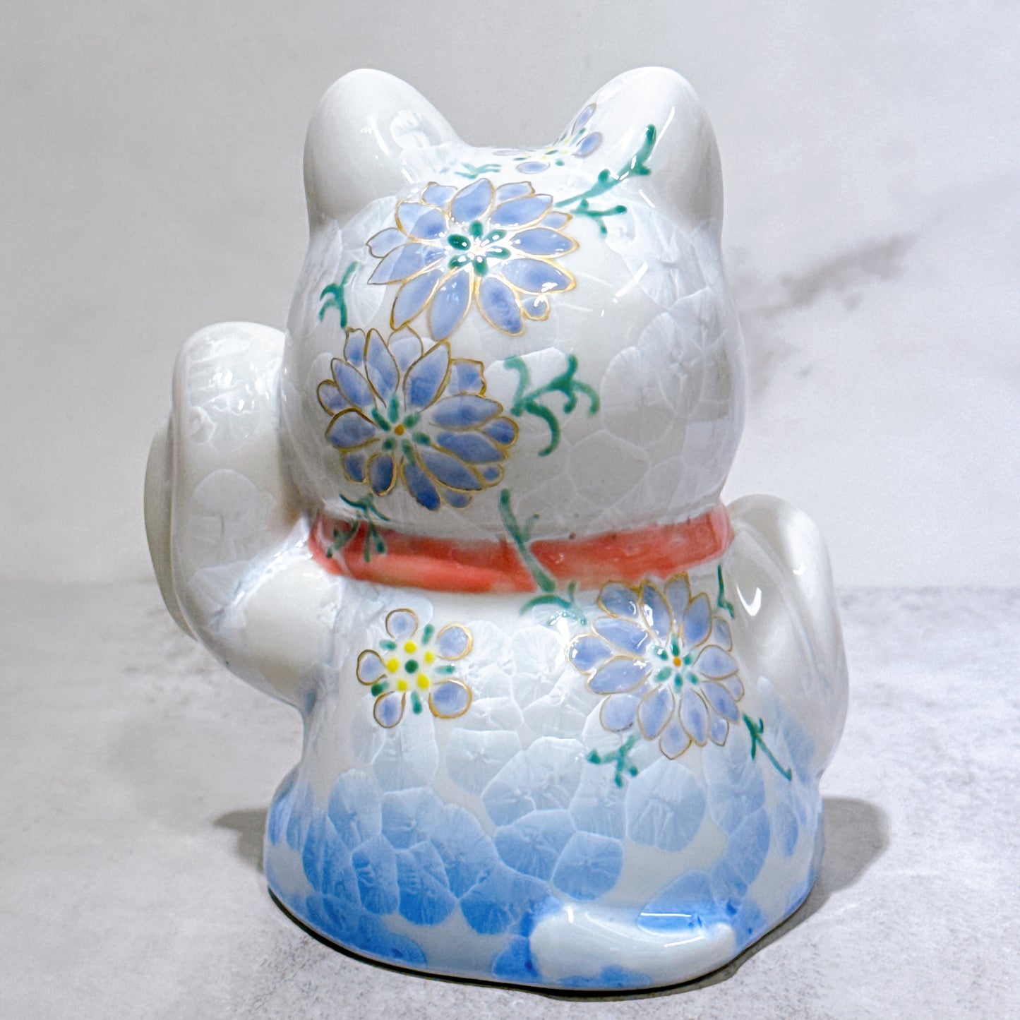 日本清水燒招財貓 達摩 花結晶 青白 招福