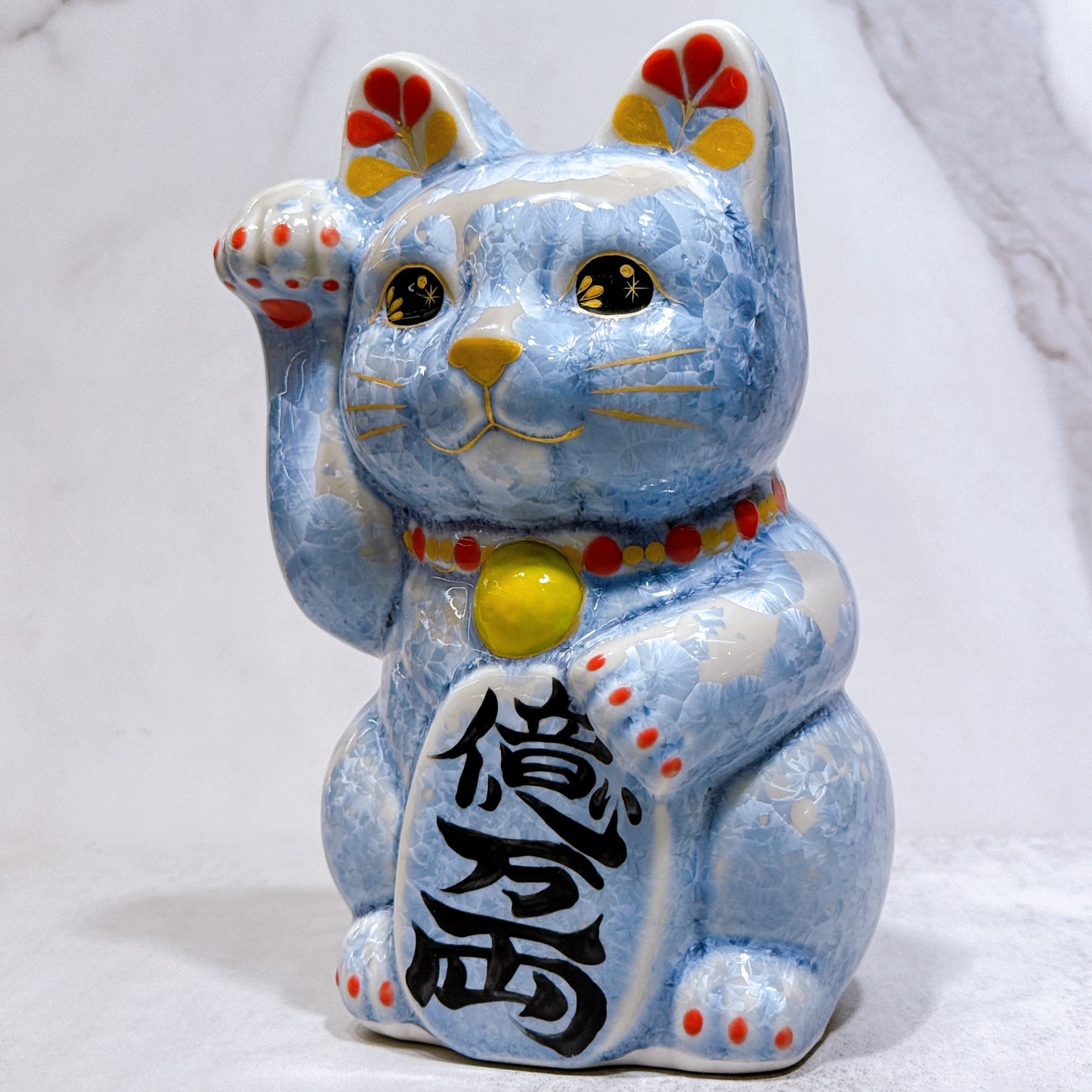 日本清水燒招財貓 花結晶 銀藤 億万両 特大 右
