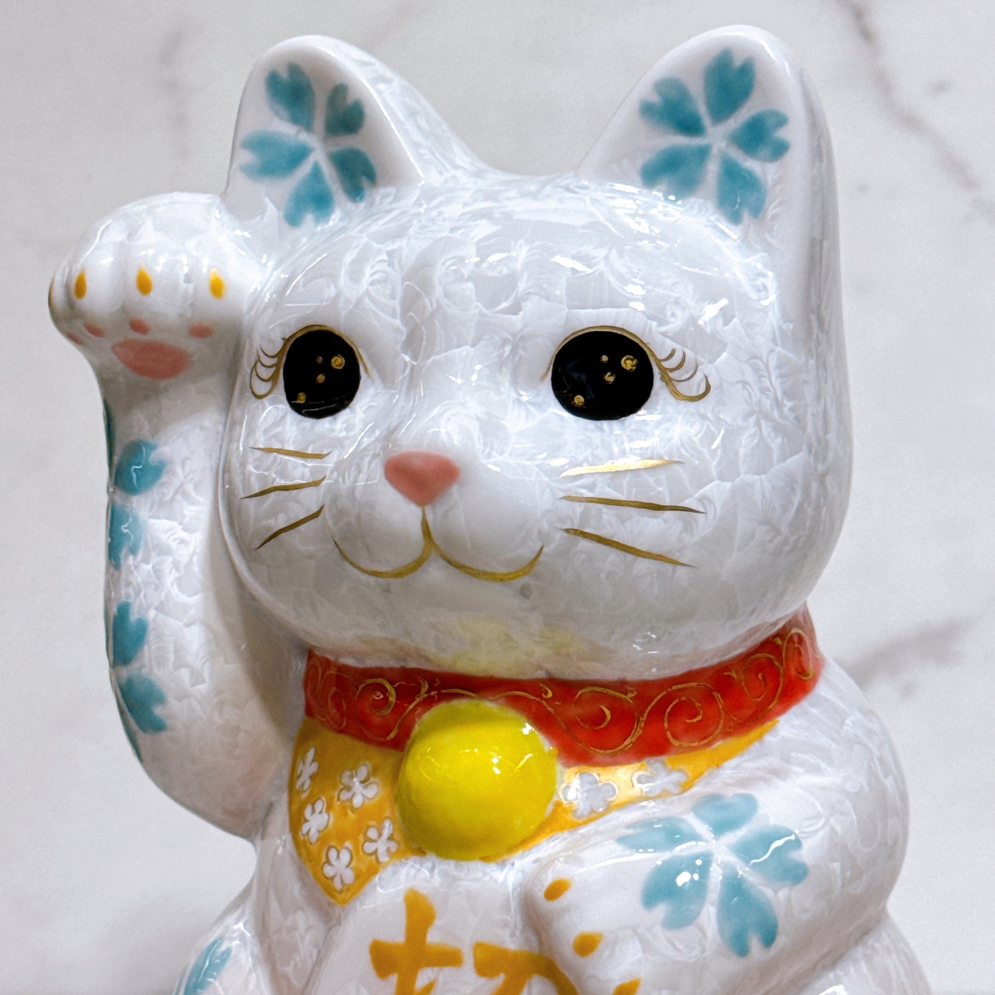 日本清水燒招財貓 花結晶 桃白 体花 特大 右