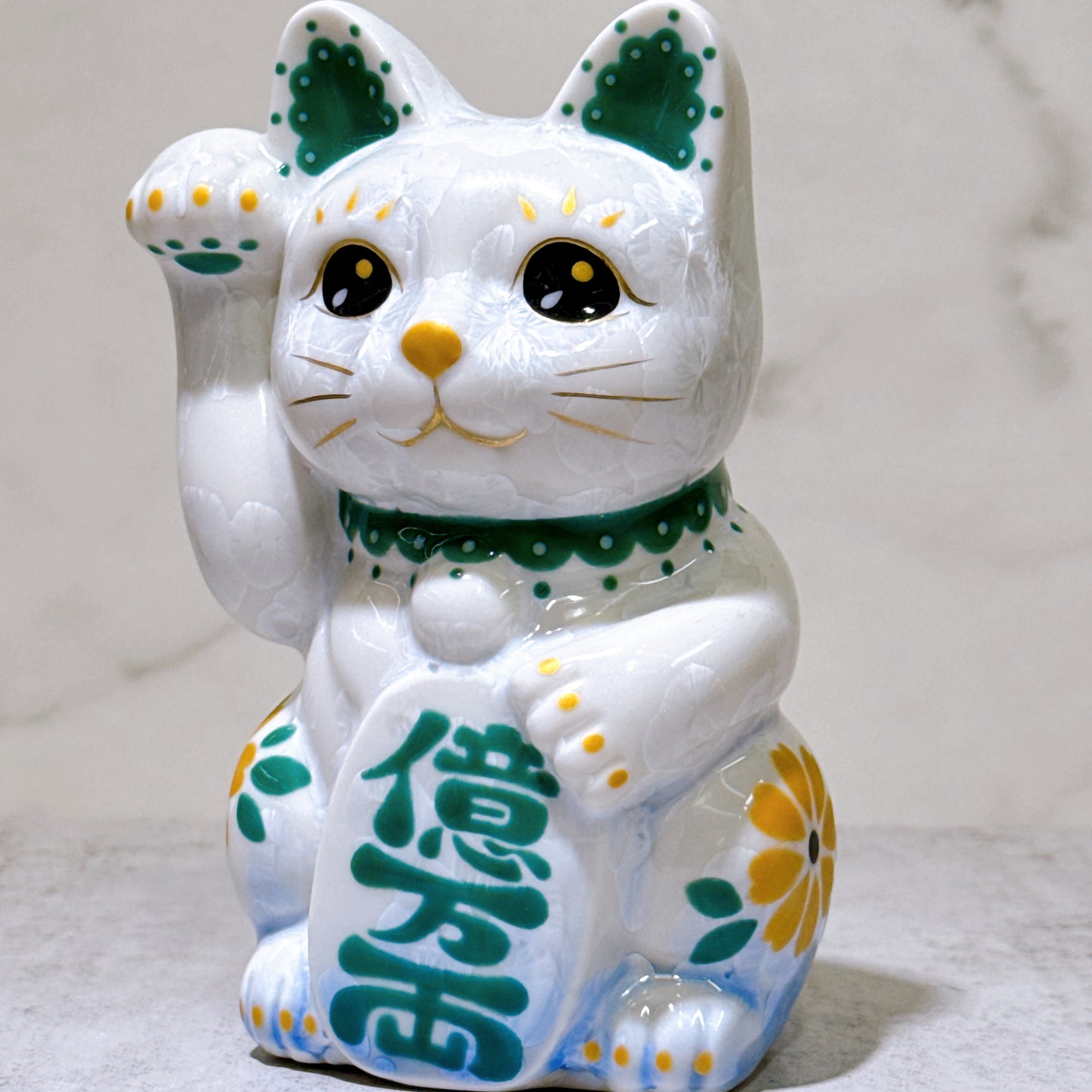 日本清水燒招財貓 花結晶 青白 億萬両 体花 右