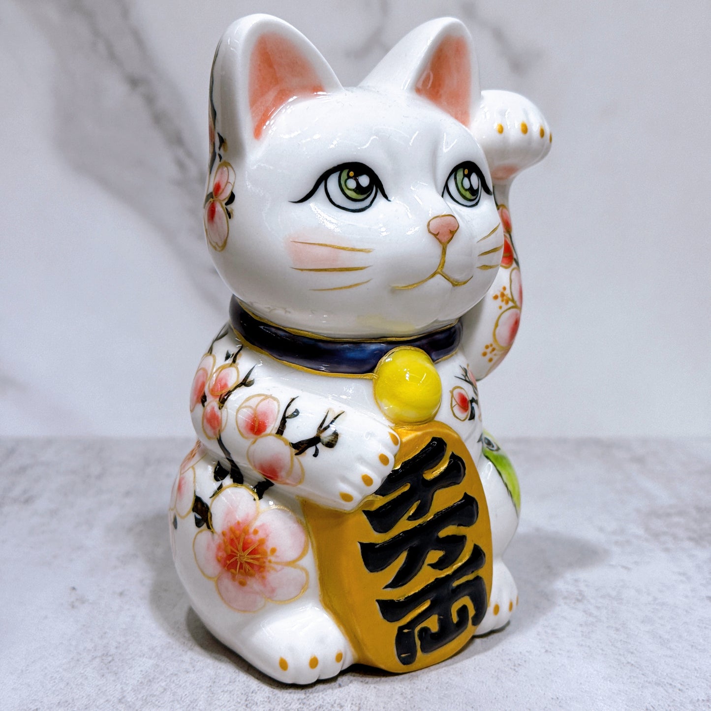 日本清水燒招財貓 色繪 梅花草鳥
