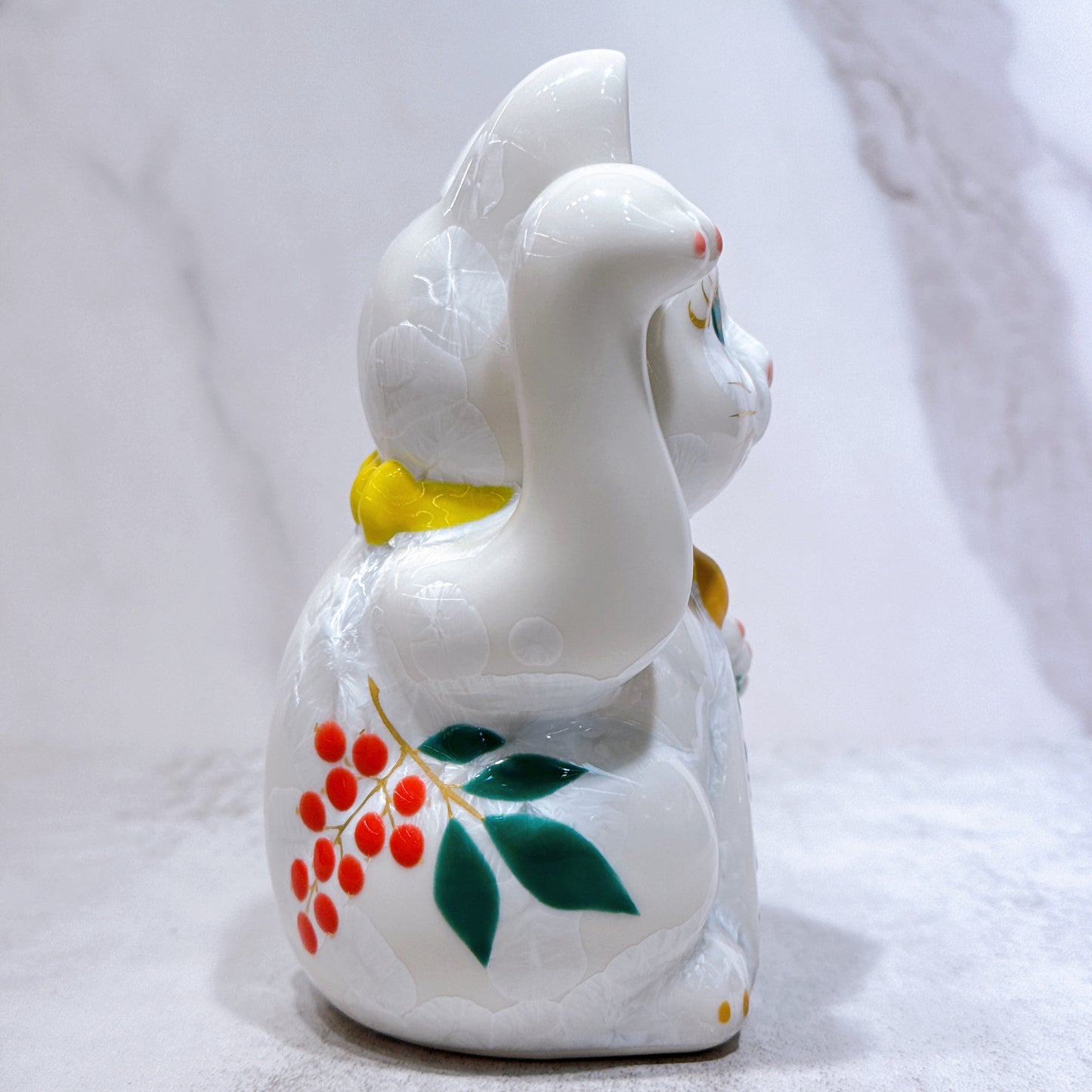 日本清水燒招財貓 花結晶 白 体花 招福 右