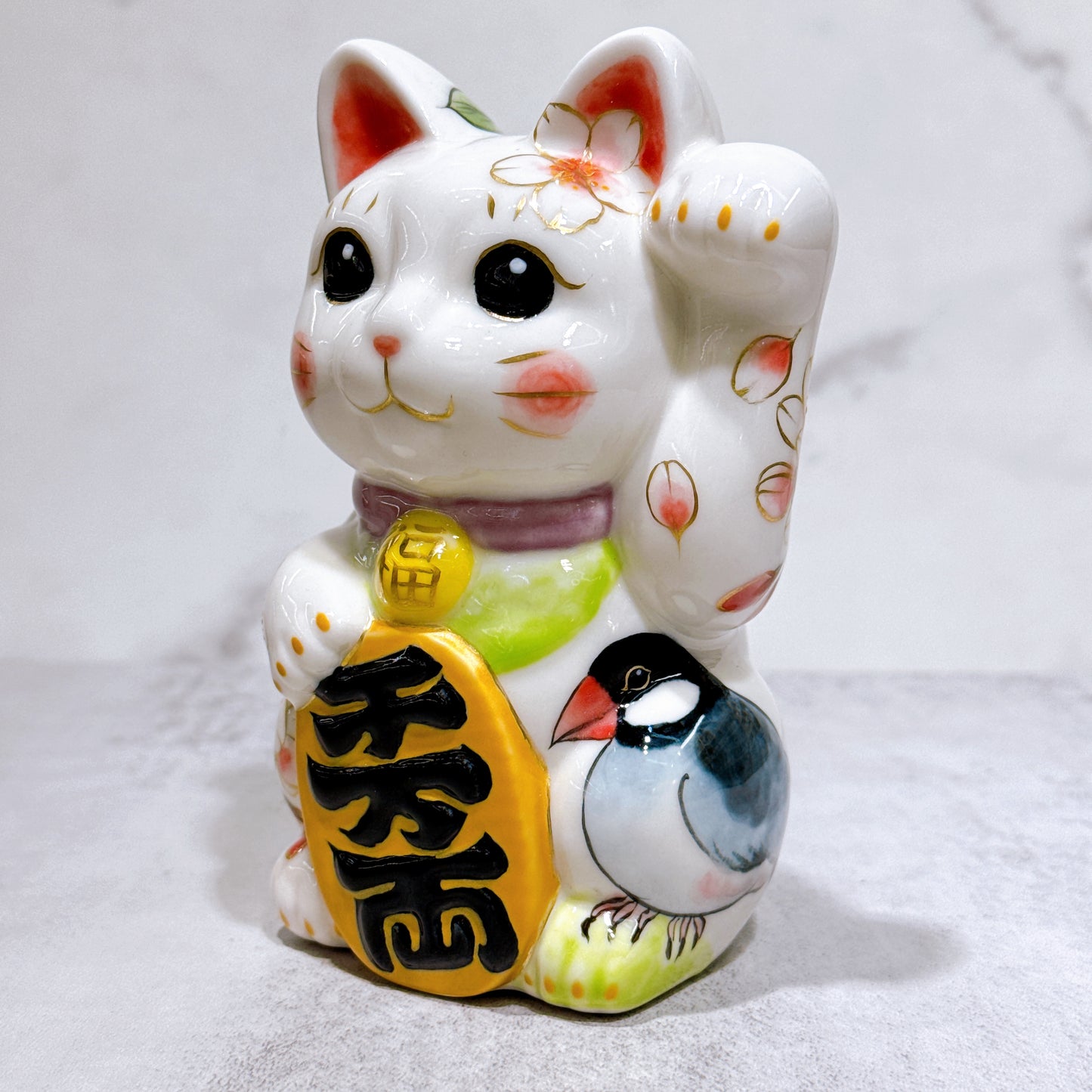 日本清水燒招財貓 色繪 白地花鳥