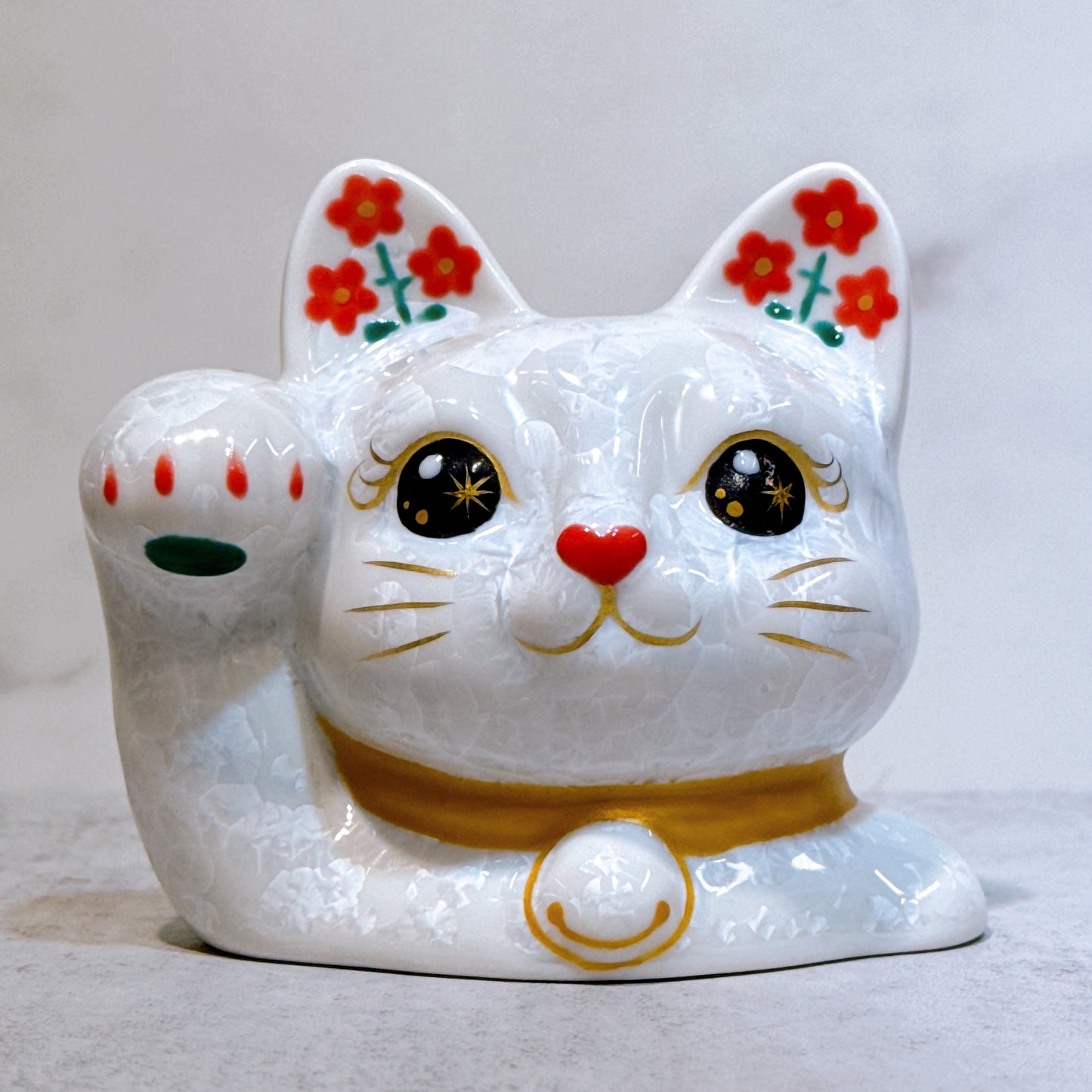 日本清水燒招財貓 貓半身 花結晶 白