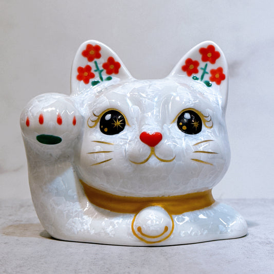 日本清水燒招財貓 貓半身 花結晶 白
