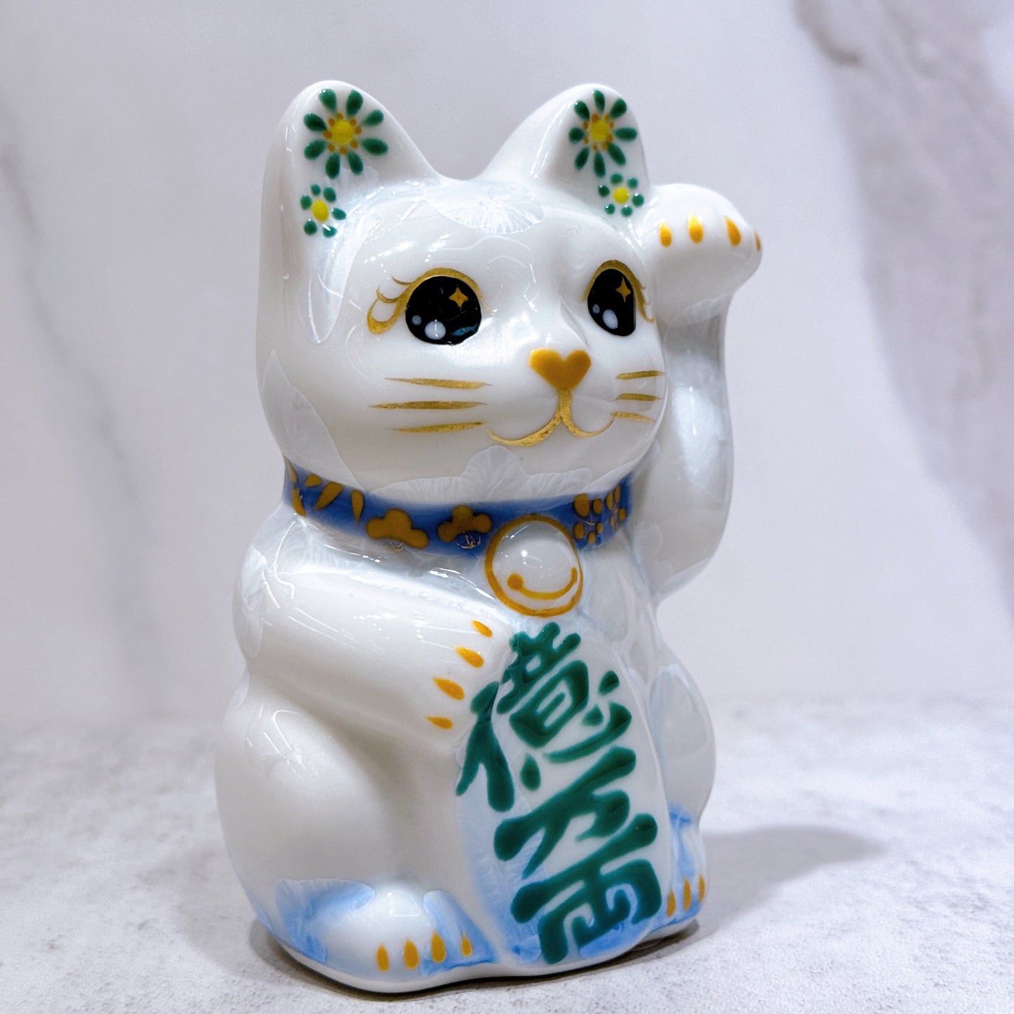 日本清水燒招財貓 花結晶 青白 億万両 左 特小