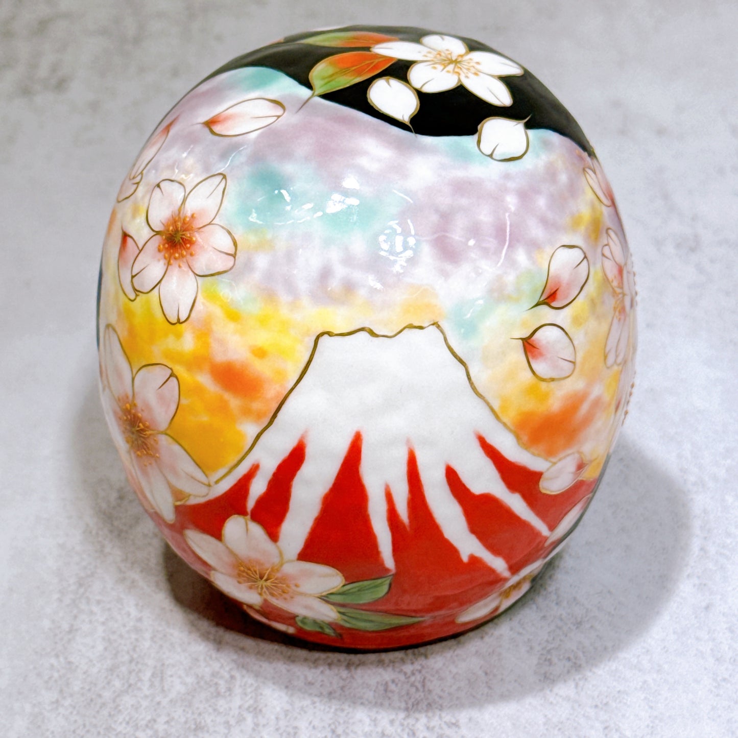 日本清水燒達摩 色繪 黑地 富士櫻 小號