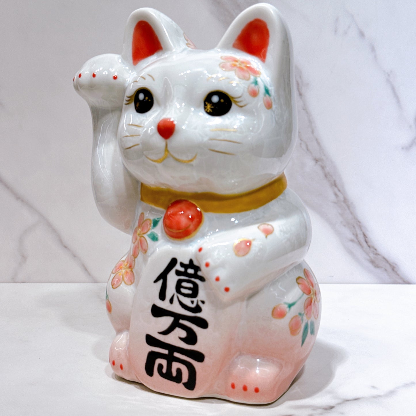 日本清水燒招財貓 花結晶 桃白 億万両 体花 特大 右