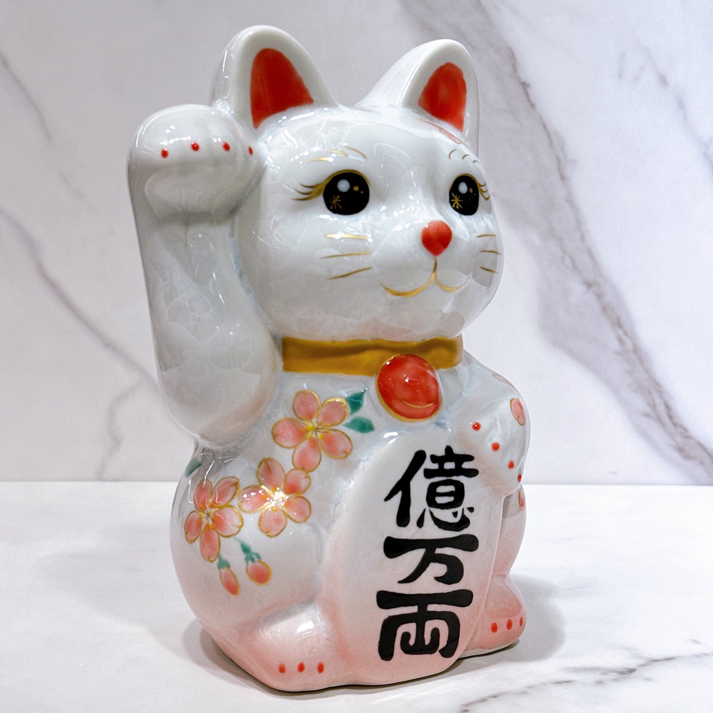 日本清水燒招財貓 花結晶 桃白 億万両 体花 特大 右