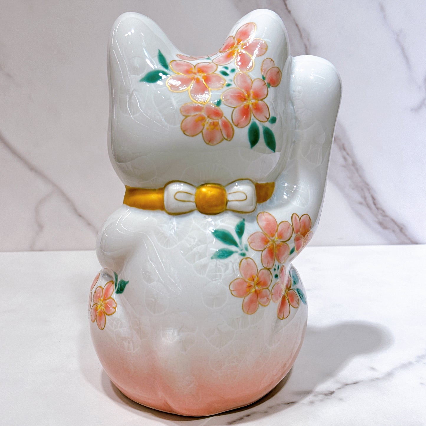 日本清水燒招財貓 花結晶 桃白 億万両 体花 特大 右