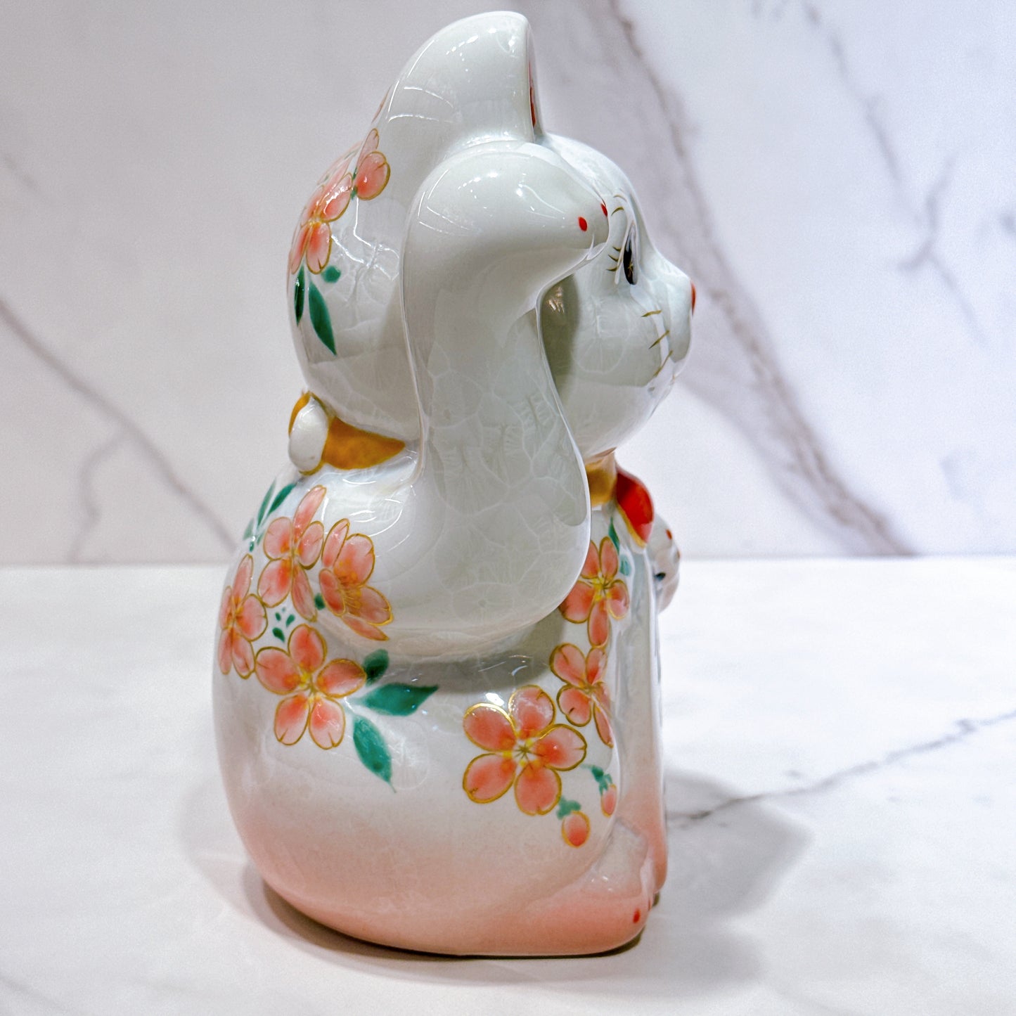 日本清水燒招財貓 花結晶 桃白 億万両 体花 特大 右