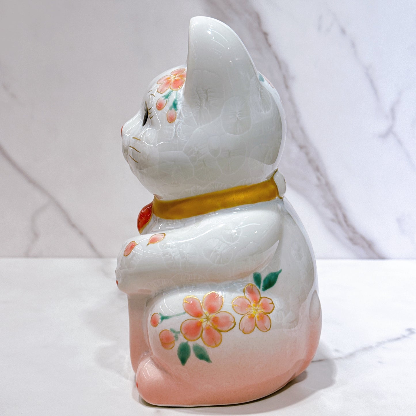 日本清水燒招財貓 花結晶 桃白 億万両 体花 特大 右