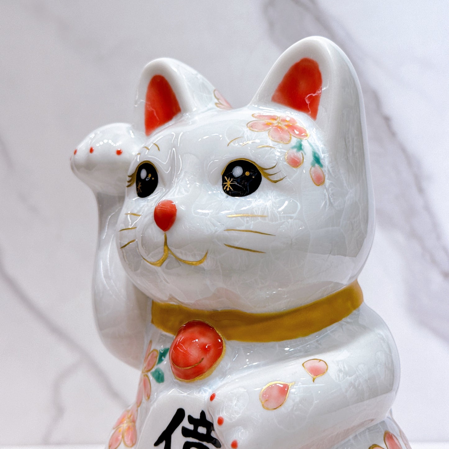 日本清水燒招財貓 花結晶 桃白 億万両 体花 特大 右