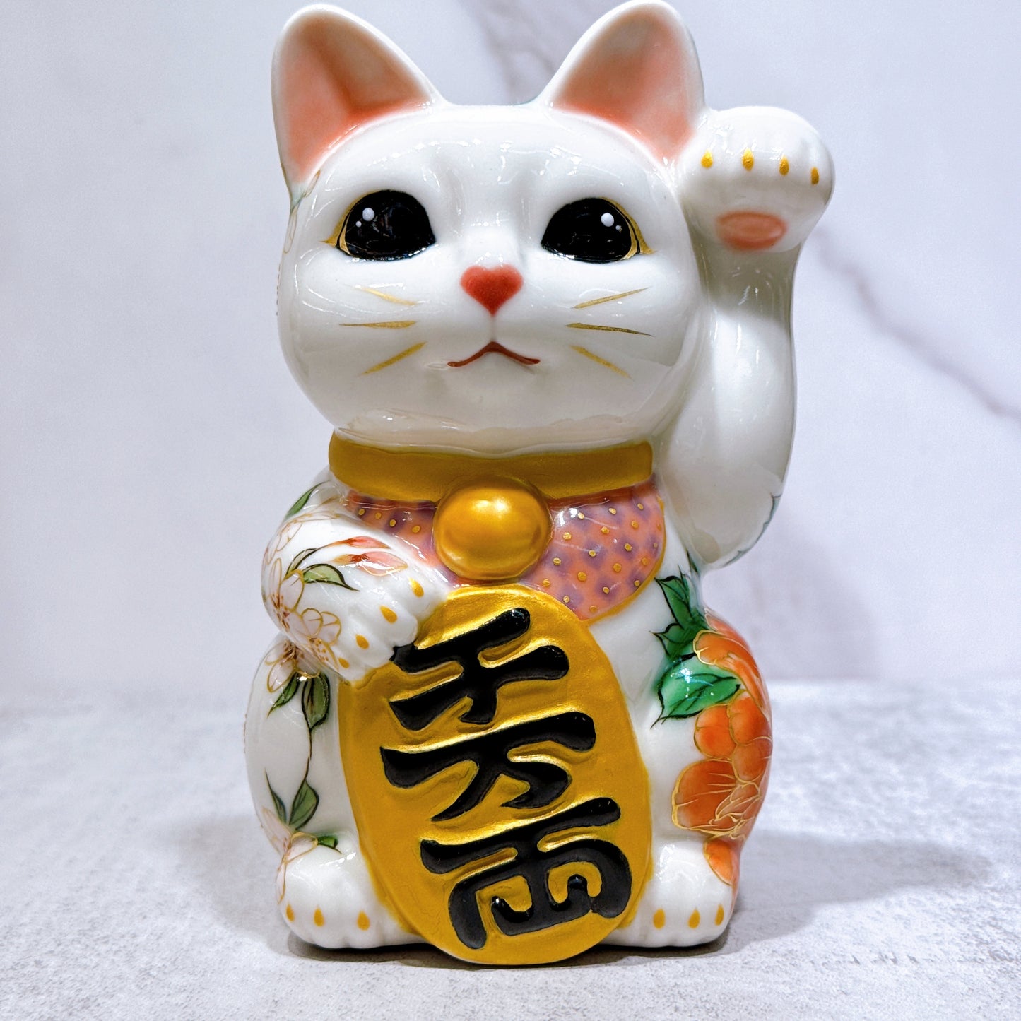 日本清水燒招財貓 色繪 白地 牡丹椿櫻