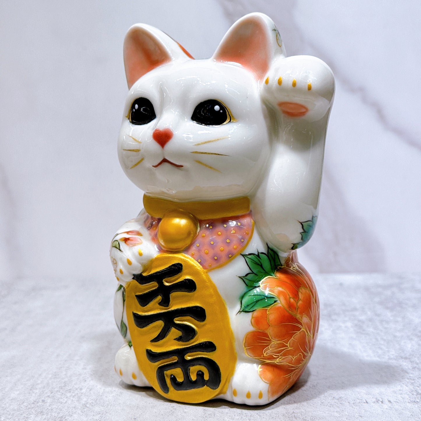 日本清水燒招財貓 色繪 白地 牡丹椿櫻