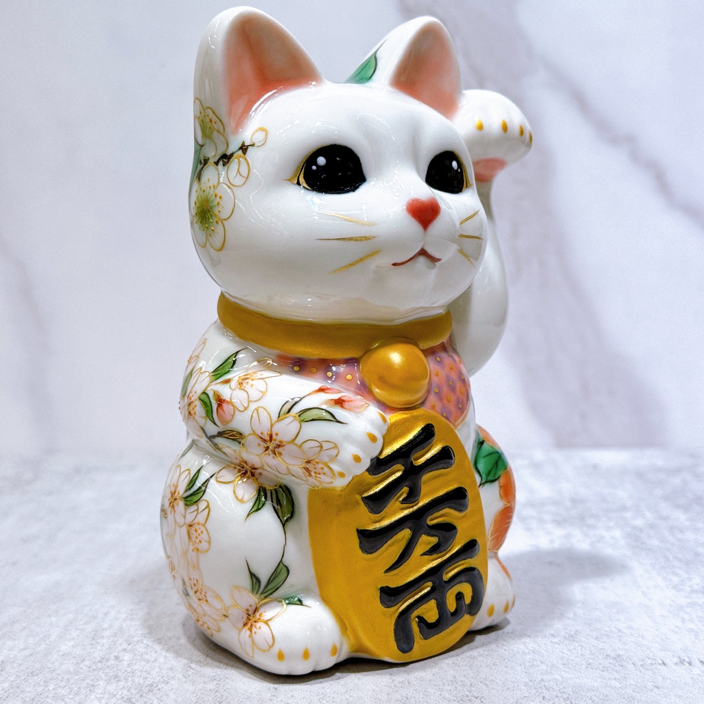 日本清水燒招財貓 色繪 白地 牡丹椿櫻