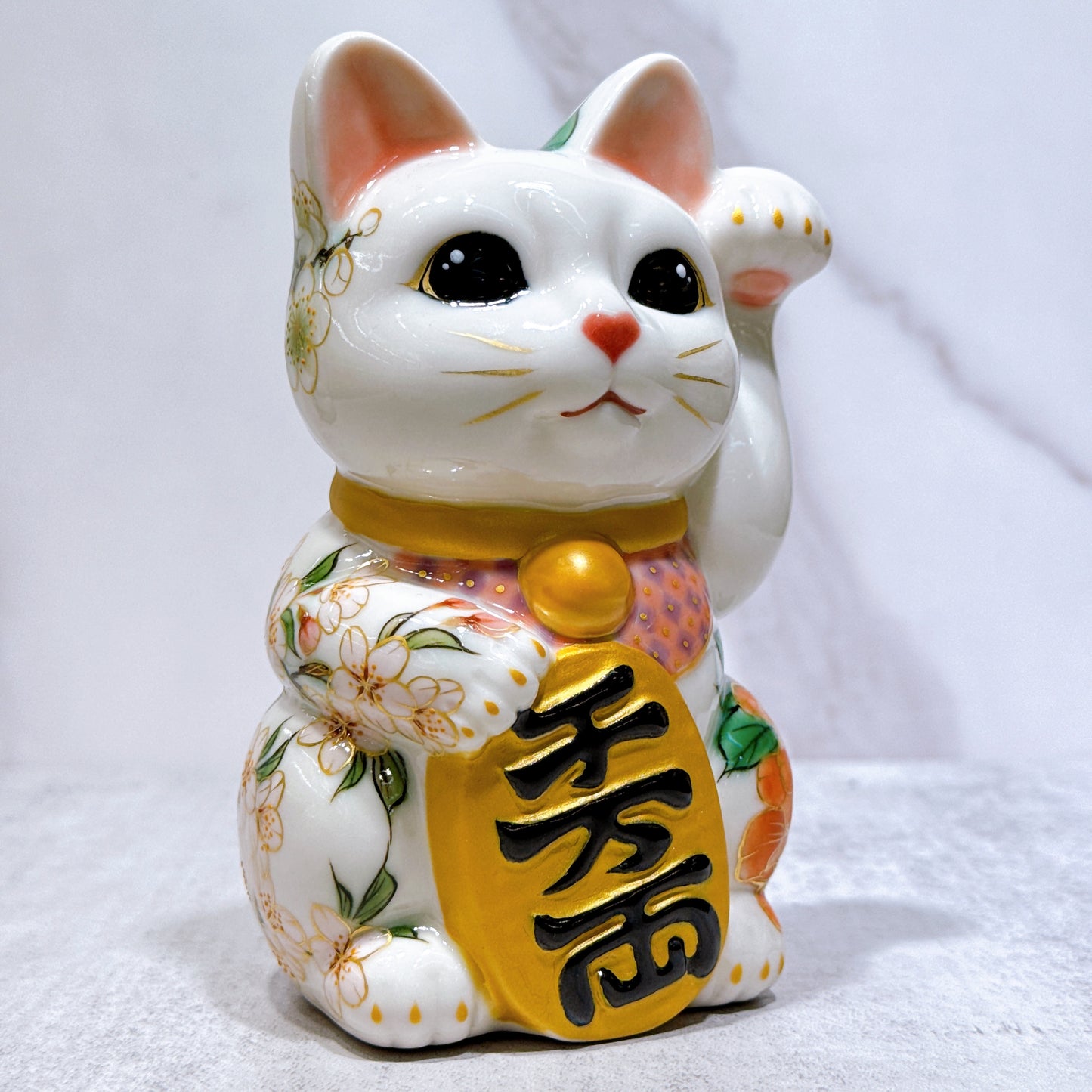 日本清水燒招財貓 色繪 白地 牡丹椿櫻