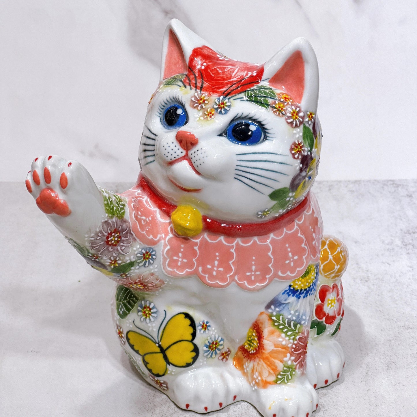 日本九谷燒招財貓 下絵イッチン華盛 さん蝶 6.5號