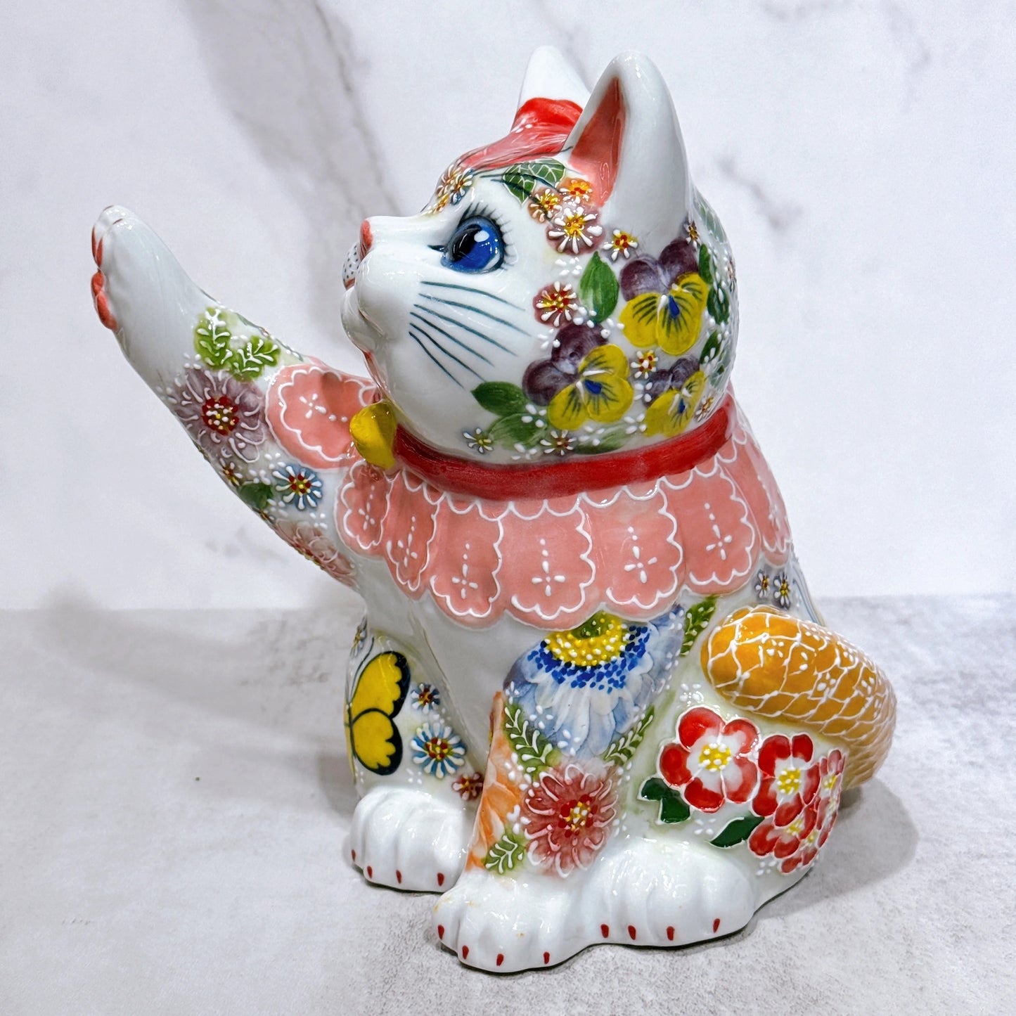 日本九谷燒招財貓 下絵イッチン華盛 さん蝶 6.5號