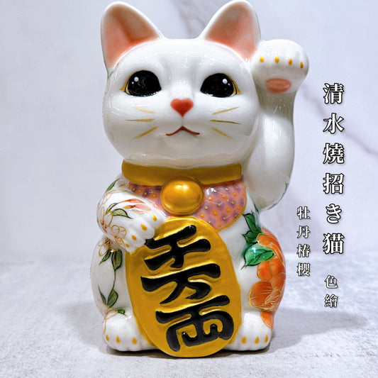 日本清水燒招財貓 色繪 白地 牡丹椿櫻