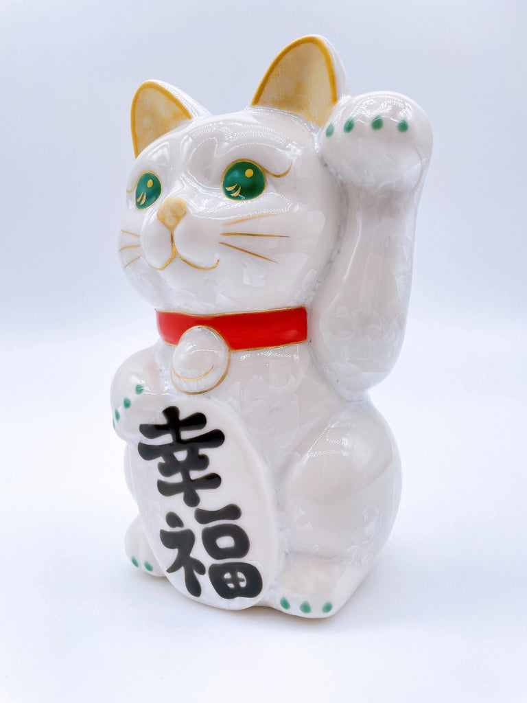 日本清水烧招财猫花结晶白翠幸福
