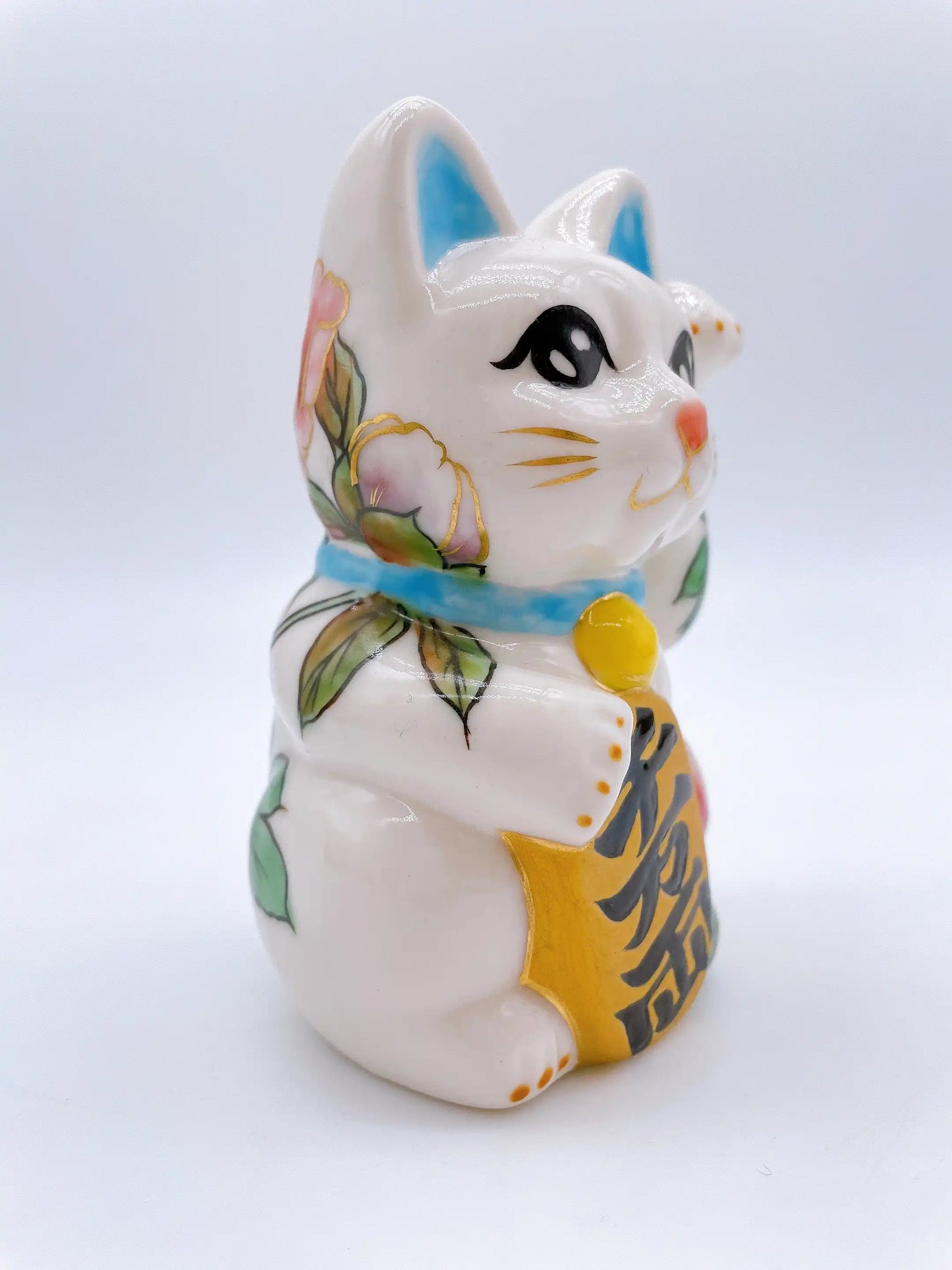 日本清水燒招財貓 色繪 牡丹 特小