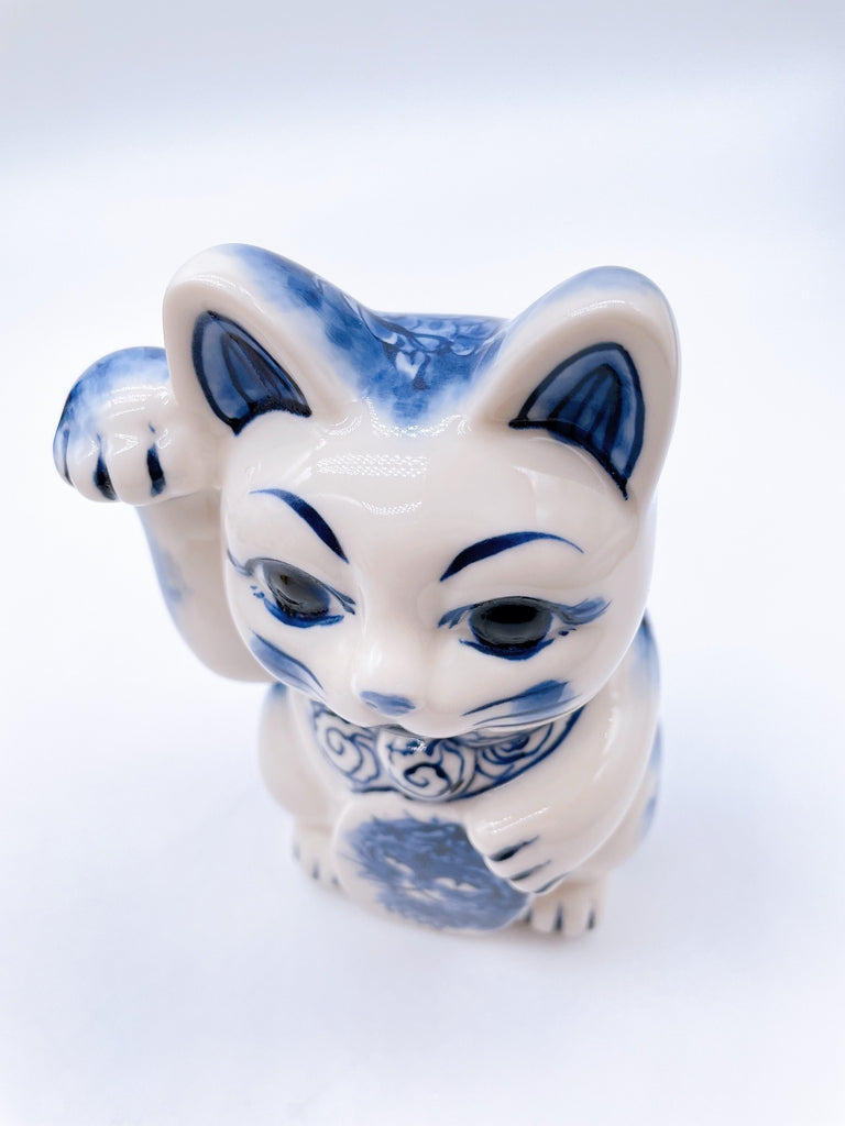 日本清水烧招财猫染付龙虎