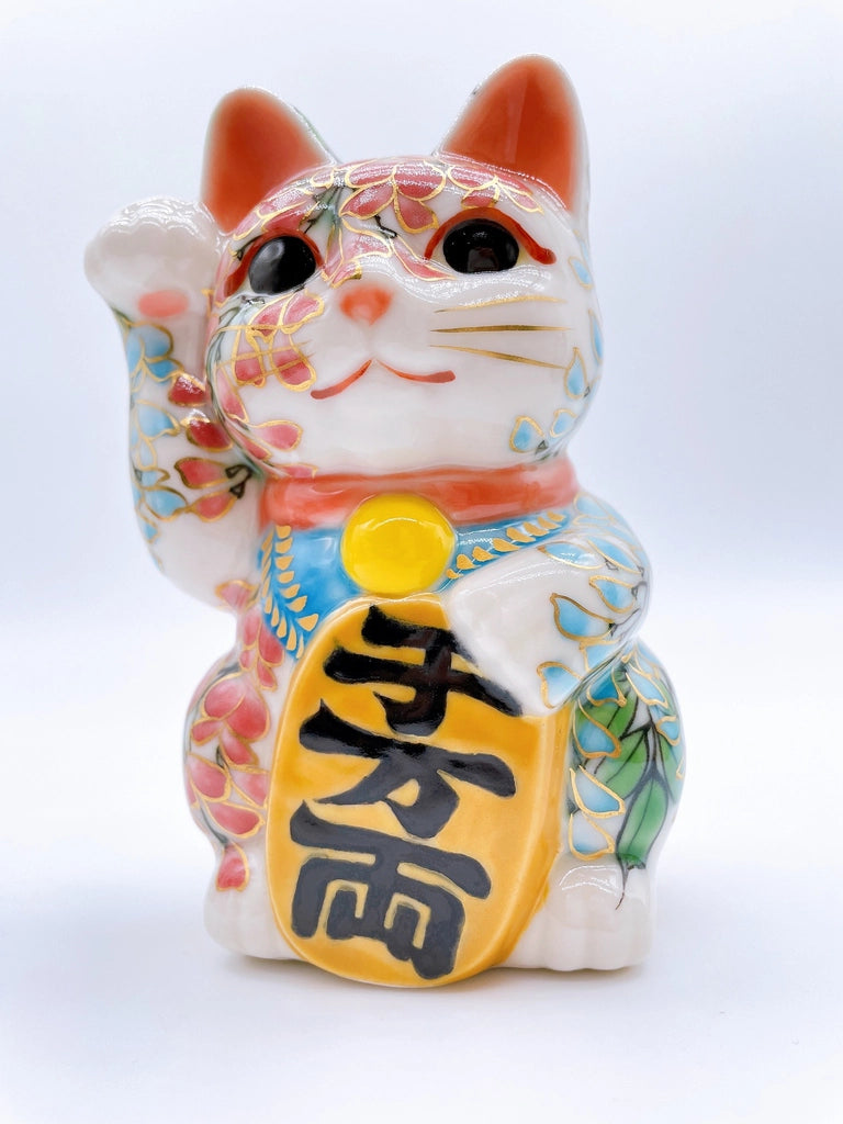 Japanese Kiyomizu-style lucky cat (pink and green vines)