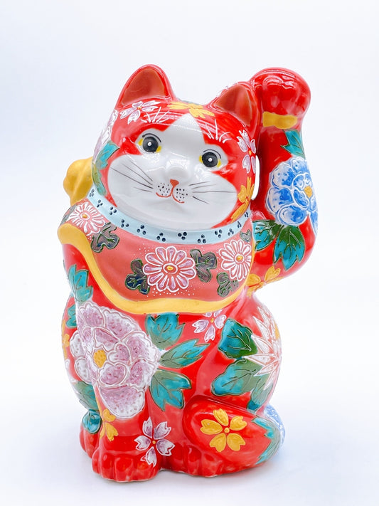 日本九谷燒招財貓 朱赤花盛牡丹