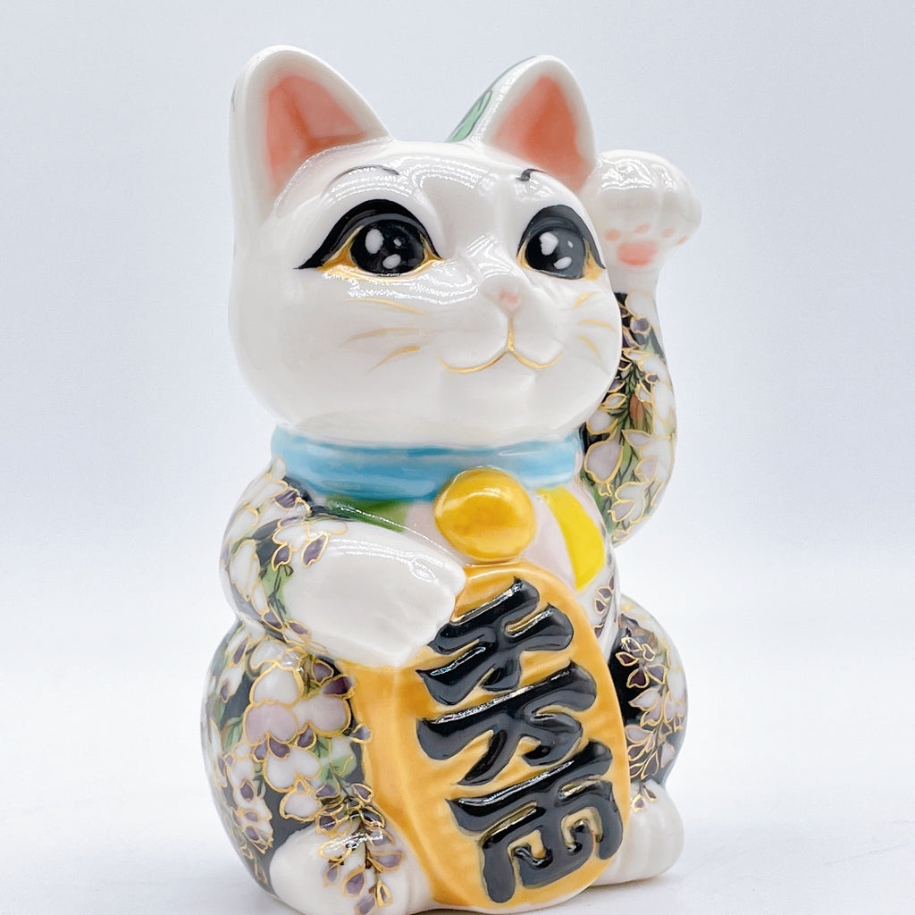 Japanese Kiyomizu-style lucky cat with black and white wisteria vines