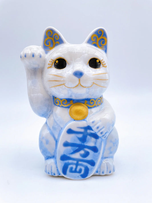 日本清水燒招財貓 花結晶 青白 千万両
