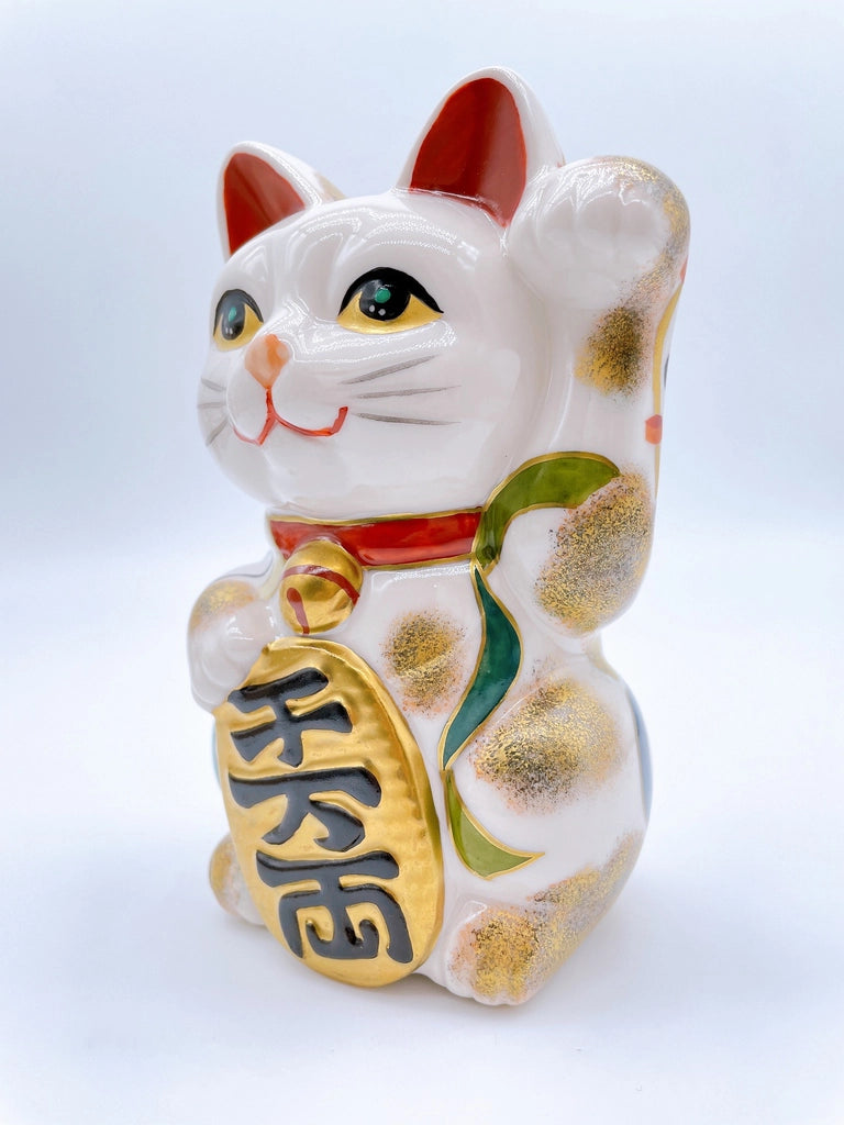Japanese Kiyomizu-yaki lucky cat image with wind and thunder gods.