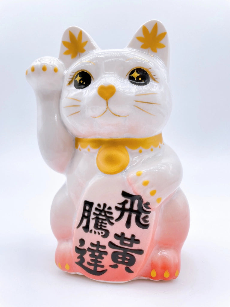 日本清水烧招财猫花结晶白桃