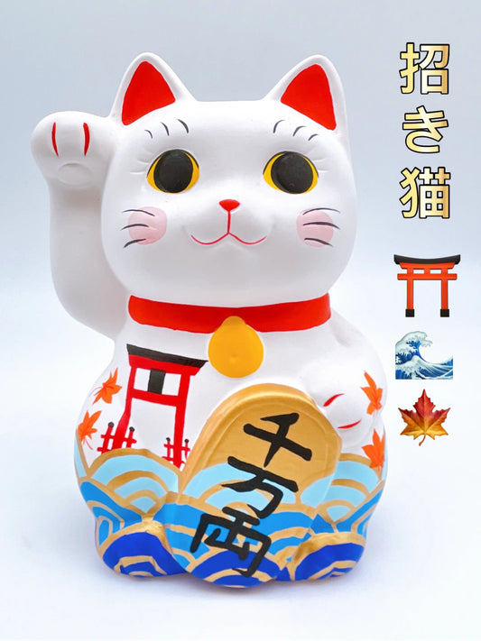 日本谷中堂招財貓 鳥居波浪紅葉
