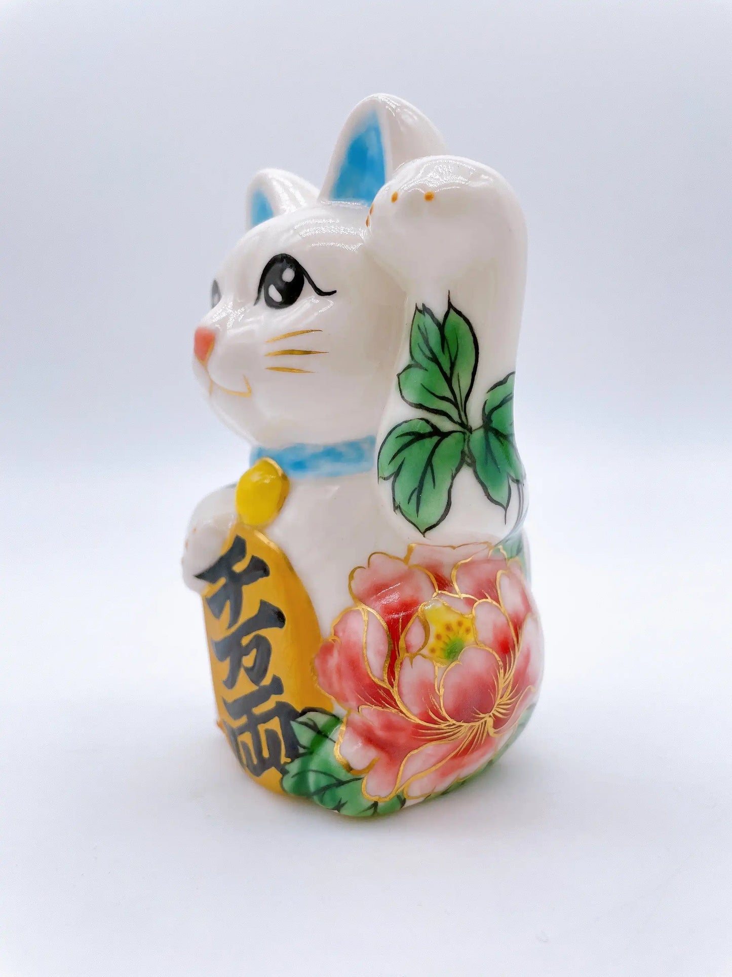 日本清水燒招財貓 色繪 牡丹 特小