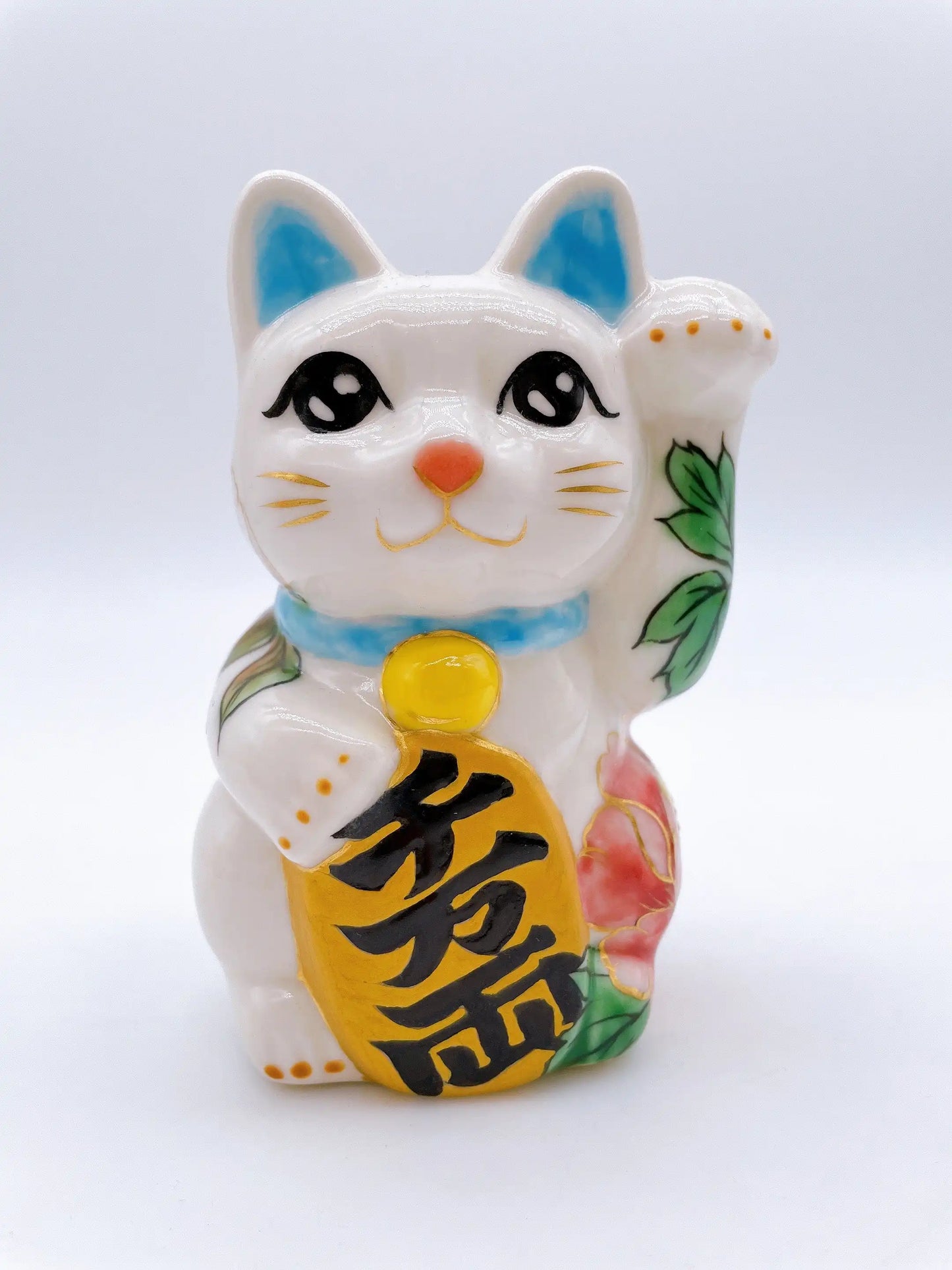 日本清水燒招財貓 色繪 牡丹 特小