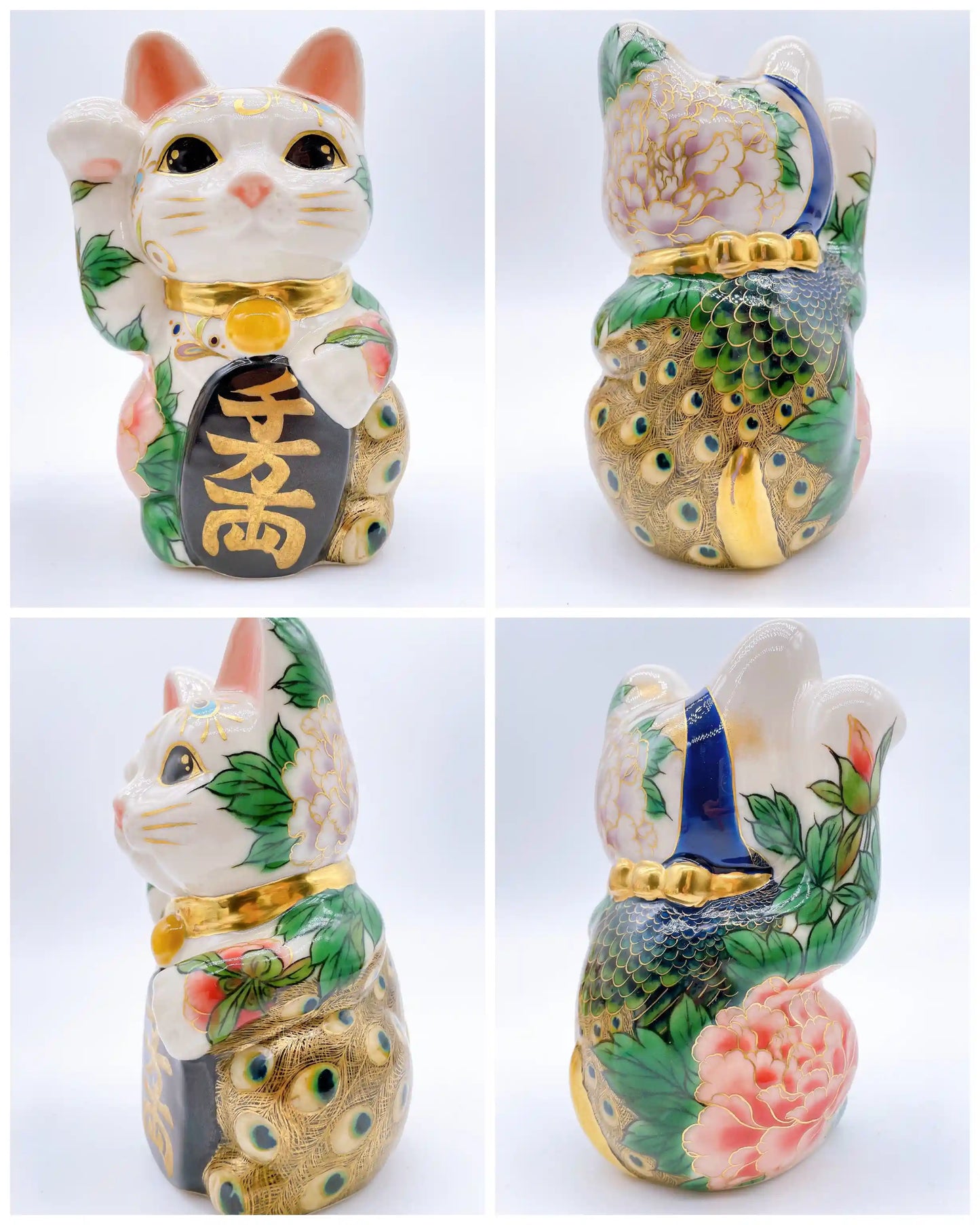 日本清水燒招財貓 色繪 孔雀牡丹圖 中號